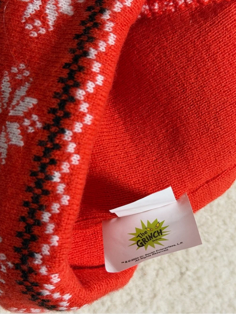 Christmas Xmas Holiday Beanie Hat with Grinch Patch and White Pom